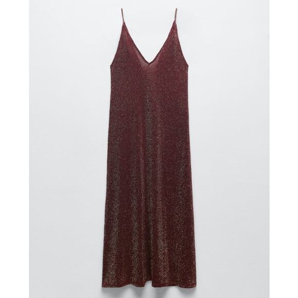 Zara LONG SPARKLY V-NECK KNIT MAXI DRESS in Maroon - Picture 3 of 12